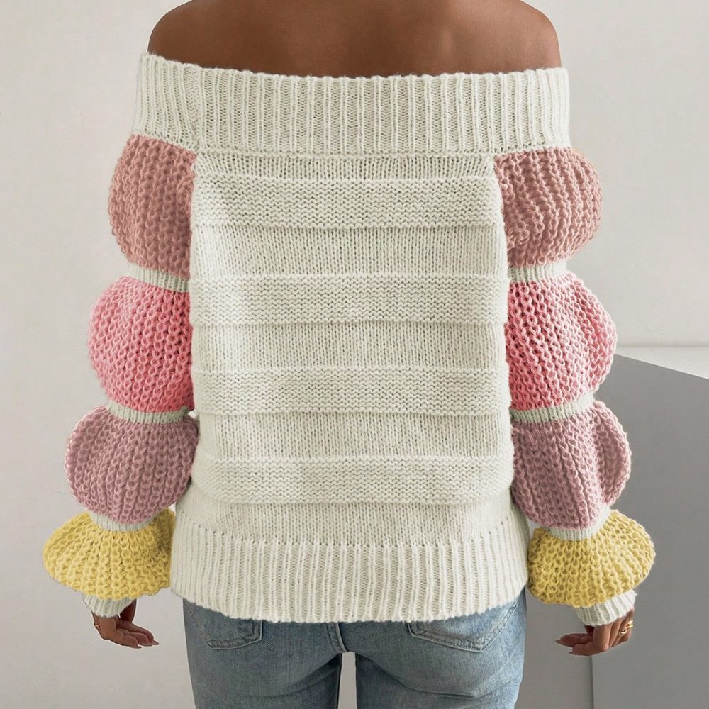 Apricot Casual Womens Off Shoulder Colorblock Virago Sleeve Sweater - Picture 2 of 5